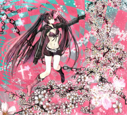 Rule 34 | 10s, alternate color, anko kinako, bikini, bikini top only, black hair, black rock shooter, black rock shooter (character), boots, chain, cherry blossoms, flat chest, flower, legs, long hair, midriff, pale skin, pink theme, scar, shorts, solo, swimsuit, twintails