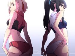 Rule 34 | 2girls, adjusting buruma, adjusting clothes, ass, ass support, bare shoulders, black hair, blonde hair, border, bow, breasts, buruma, commentary, covered mouth, cowboy shot, dated, fading border, from behind, gradient background, hair bow, hair ribbon, hands on own ass, highres, inoue takina, long hair, looking at viewer, looking back, lycoris recoil, median furrow, medium breasts, multiple girls, nii manabu, nishikigi chisato, ponytail, purple eyes, red buruma, red eyes, red ribbon, red sports bra, ribbon, short hair, sidelighting, signature, small breasts, sports bra, white border, white buruma