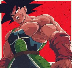 Rule 34 | 1boy, arm warmers, armor, bardock, bare shoulders, biceps, black eyes, black hair, blood, border, broken armor, bure (fantasticyouth7), commentary, dragon ball, dragonball z, facial scar, headband, looking away, male focus, muscular, muscular male, open mouth, outside border, pectorals, red background, red headband, saiyan armor, scar, scar on cheek, scar on face, scratches, simple background, solo, spiked hair, teeth, torn clothes, upper body, v-shaped eyebrows, veins, white border