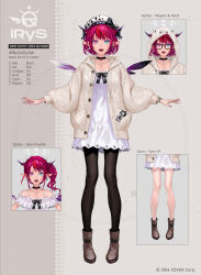 Rule 34 | absurdres, alternate hairstyle, aqua eyes, beret, black bow, black choker, black pantyhose, bloom (irys), bob cut, boots, bow, bracelet, brown footwear, cardigan, character sheet, choker, cross-shaped pupils, crystal, dress, earrings, fake wings, fangs, full body, glasses, gloom (irys), gold bracelet, gold necklace, halo, hat, heterochromia, highres, hololive, hololive english, hood, hoodie, horns, irys (casualrys) (hololive), irys (hololive), jewelry, multicolored hair, necklace, official alternate hairstyle, official art, open cardigan, open clothes, open mouth, pantyhose, pink nails, purple eyes, purple hair, red hair, redjuice, side ponytail, sidelocks, standing, swept bangs, symbol-shaped pupils, thighs, two-tone hair, virtual youtuber, watch, white dress, wings