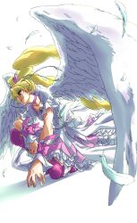 Rule 34 | 0ekqk1, 1girl, angel wings, backlighting, blonde hair, boots, cure peach, cure peach (angel), dress, earrings, feather hair ornament, feathers, foreshortening, fresh precure!, from side, full body, hair ornament, heart, heart earrings, heart hair ornament, highres, jewelry, kneeling, long hair, magical girl, momozono love, pink background, pink thighhighs, precure, thighhighs, twintails, white background, white dress, white wings, wings