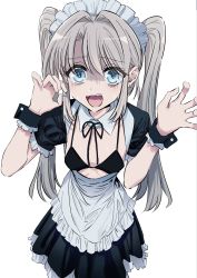 Rule 34 | 1girl, apron, bikini, black bikini, black ribbon, black skirt, blue eyes, breasts, claw pose, detached collar, ear piercing, frilled apron, frills, gloom (expression), grey hair, hands up, highres, kerorira, long hair, looking at viewer, maid, maid bikini, maid headdress, neck ribbon, open mouth, original, piercing, ribbon, short sleeves, shrug (clothing), sidelocks, simple background, skirt, small breasts, solo, sweat, swimsuit, teeth, twintails, unconventional maid, upper body, white apron, white background, wrist cuffs