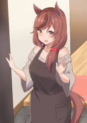 Rule 34 | 1girl, aged up, animal ears, apron, bare shoulders, blush, brown apron, brown hair, commentary request, grey sweater, highres, horse ears, horse girl, horse tail, housewife, indoors, jewelry, long hair, looking at viewer, multicolored hair, nice nature (umamusume), off-shoulder sweater, off shoulder, open mouth, pov doorway, ring, saku (kudrove), scrunchie, smile, solo, streaked hair, sweater, tail, umamusume, wedding ring