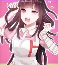 Rule 34 | 1girl, apron, bandaged arm, bandages, blush, breasts, collared shirt, commentary, danganronpa (series), danganronpa 2: goodbye despair, flying sweatdrops, grabbing, half-closed eye, hands up, kami shiro (siro 319), long hair, mole, mole under eye, open mouth, outline, pink background, pink shirt, shirt, short sleeves, skirt, solo, symbol-only commentary, tears, teeth, tsumiki mikan, upper body, upper teeth only, white apron, white outline