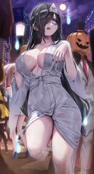 Rule 34 | 1girl, ?, @ @, absurdres, black hair, black nails, breasts, commentary request, covered navel, drooling, ghost, ghost costume, hair over one eye, halloween, highres, hitodama, jack-o&#039;-lantern head, japanese clothes, kimono, large breasts, mouth drool, nail polish, necktie, open mouth, original, pumpkin costume, pumpkin mask, purple eyes, red tie, revision, see-through, shiroshouzoku, sweatdrop, wet, wet clothes, yayoi maka