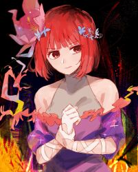 Rule 34 | 1girl, arima kana, bare shoulders, black background, bob cut, closed mouth, dress, flower, gloves, hair flower, hair ornament, highres, inverted bob, looking to the side, neii601, oshi no ko, purple dress, red eyes, red hair, short hair, upper body, white gloves