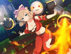 Rule 34 | 1girl, black sports bra, blonde hair, blue eyes, blush, bow, breasts, brick, building, bush, city, city lights, cityscape, cleavage, curly hair, falling leaves, fire, fire, flamethrower, grass, hair bow, haruka (senran kagura), hood, hooded jacket, hooded track jacket, jacket, lamppost, large breasts, leaf, looking at viewer, mechanical arms, midriff, navel, night, night sky, non-humanoid robot, official alternate costume, official art, outdoors, pants, park, pink bow, railing, red track suit, ribbon, robot, senran kagura, senran kagura new link, shiny skin, short hair, sky, skyscraper, smile, solo, sparks, sports bra, standing, star (sky), starry sky, torn clothes, torn jacket, torn pants, torn sleeves, torn sports bra, track jacket, tree, weapon, white footwear