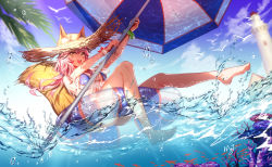 Rule 34 | 10s, 1girl, :d, afloat, animal ears, arms up, ass, bangle, bare legs, barefoot, beach umbrella, bikini, blue bikini, blue sky, blurry, blush, bracelet, commentary request, coral, day, depth of field, ears through headwear, fate/extra, fate (series), fox ears, fox tail, hat, holding, holding umbrella, innertube, jewelry, light rays, lighthouse, long hair, majiang, open mouth, outdoors, partially underwater shot, pink hair, see-through, shirt, short sleeves, signature, sky, smile, solo, sparkle, splashing, straw hat, string bikini, summer, sunbeam, sunlight, swim ring, swimsuit, tail, tamamo (fate), tamamo no mae (fate/extra), tamamo no mae (swimsuit lancer) (fate), tamamo no mae (swimsuit lancer) (second ascension) (fate), transparent, umbrella, underwater, water, wet, wet clothes, wet shirt