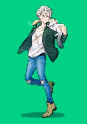 Rule 34 | 1boy, animal, animal on shoulder, belt, blue pants, brown footwear, cat, cat on shoulder, contemporary, denim, full body, green background, green jacket, grey hair, highres, jacket, jeans, kimetsu no yaiba, long sleeves, male focus, pants, print shirt, scar, scar on face, shadow, shinazugawa sanemi, shinishi chiho, shirt, shoes, short hair, signature, simple background, solo, standing, torn clothes, torn jeans, torn pants, white shirt
