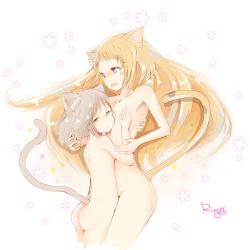 Rule 34 | 2girls, animal ears, ass, back, bare back, bare legs, bare shoulders, blonde hair, blue eyes, blush, grabbing another&#039;s breast, cat ears, cat girl, cat tail, female focus, flat chest, grabbing, gradient background, green eyes, grey hair, highres, hug, kashizu ringo, legs, long hair, looking at another, looking at viewer, looking back, multiple girls, open mouth, original, short hair, shy, signature, smile, surprised, sweat, tail, very long hair, yuri