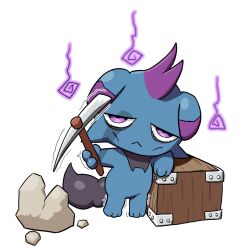 Rule 34 | crate, depresso, full body, highres, holding, holding pickaxe, jqvpl123, looking at viewer, pal (creature), palworld, pickaxe, purple eyes, rock, simple background, solo, white background