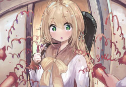 Rule 34 | 1girl, :o, antenna hair, blonde hair, brown collar, carrying over shoulder, collar, commentary, confetti, doorway, fisheye, green eyes, instrument case, instrument on back, long hair, long sleeves, looking at viewer, microa, open mouth, party popper, pov, resolution mismatch, sailor collar, school uniform, shirt, solo, source larger, streamers, surprised, tsurumaki maki, upper body, voiceroid, white shirt, yellow neckwear