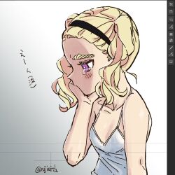 Rule 34 | 1girl, blonde hair, breasts, camisole, clip studio paint (medium), crying, eisu (eith), face in hands, forehead, gradient background, hairband, hand on own face, harsha (eisu), highres, image editing program, long hair, original, purple eyes, simple background, small breasts, tears, thick eyebrows, twintails, twitter username, white background