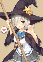 Rule 34 | 10s, 1girl, :d, artist name, blue eyes, blush, cowboy shot, grey skirt, hair ornament, hair over one eye, hairclip, halloween costume, hamakaze (kancolle), hat, heart, highres, jacket, kantai collection, looking at viewer, moeki yuuta, open clothes, open jacket, open mouth, pleated skirt, pumpkin, rod, school uniform, serafuku, short hair, silver hair, simple background, skirt, smile, solo, spoken heart, standing, star (symbol), witch hat, yellow background