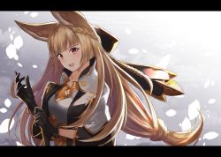 Rule 34 | 1girl, animal ears, armor, black gloves, blonde hair, blunt bangs, blush, braid, breastplate, breasts, coat, collarbone, erune, gen (gen 7254), gloves, granblue fantasy, hair ornament, highres, large breasts, letterboxed, long hair, looking at viewer, low-tied long hair, open clothes, open coat, open mouth, red eyes, solo, very long hair, white coat, yuisis (granblue fantasy)