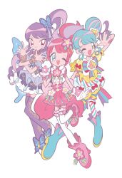 Rule 34 | 3girls, blue eyes, blue footwear, blue hair, blue wings, boots, butterfly hair ornament, butterfly wings, closed mouth, crossed arms, dress, flower, full body, gloves, green eyes, hair bun, hair flower, hair ornament, hand up, hands up, idol clothes, insect wings, junon (pripara), kanon (pripara), long hair, looking at viewer, mikannu, multicolored hair, multiple girls, one eye closed, open mouth, pink flower, pink footwear, pink hair, pink skirt, pinon (pripara), pretty series, pripara, purple dress, purple hair, purple thighhighs, red eyes, shirt, side ponytail, sidelocks, simple background, single side bun, skirt, smile, standing, standing on one leg, star (symbol), star hair ornament, streaked hair, thighhighs, white background, white gloves, white shirt, white thighhighs, wings