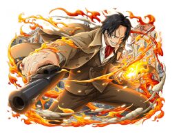 Rule 34 | ascot, black hair, brown pants, coat, fire, formal, grin, gun, handgun, holding, holding gun, holding weapon, male focus, medium hair, official art, one piece, one piece treasure cruise, pants, portgas d. ace, red ascot, smile, suit, teeth, trench coat, weapon