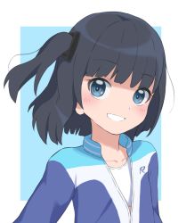 Rule 34 | 1girl, bad id, bad twitter id, black hair, blue background, blue eyes, blue jacket, bubukka, himenogi rinze, jacket, long sleeves, looking at viewer, love r, multicolored clothes, multicolored jacket, short hair, side ponytail, smile, solo, two-tone background, upper body, white jacket