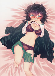 Rule 34 | 10s, 1girl, artist name, bed sheet, black hair, blew andwhite, blue eyes, blush, bra, breasts, clothes lift, covering own mouth, girls und panzer, glasses, green skirt, hair between eyes, highres, large breasts, long sleeves, looking at viewer, lying, navel, on back, on bed, open clothes, open skirt, oryou (girls und panzer), panties, pleated skirt, purple bra, purple panties, red-framed eyewear, shirt, shirt lift, short hair, skirt, solo, underwear, white shirt