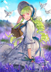 Rule 34 | 1girl, :d, artist name, basket, bird, blue sky, blunt bangs, bonnet, cloud, dated, day, dress, drill hair, field, flower, flower field, frilled dress, frills, full body, green hair, hand up, hat, holding, holding flower, jit, lilac, long hair, looking at viewer, official art, open mouth, original, outdoors, pink eyes, quad drills, sid story, sky, smile, solo, standing, very long hair, watermark, white dress, white hat
