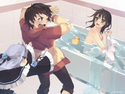 Rule 34 | 1boy, 2girls, :t, angry, bath, bathing, bathroom, bathtub, bird, black eyes, black hair, blush, brown eyes, btoor, capelet, collarbone, covering face, duck, embarrassed, indoors, lolita fashion, long sleeves, mixed-sex bathing, multiple girls, open mouth, partially submerged, pout, purple hair, pushing, red eyes, round teeth, rubber duck, see-through, shared bathing, surprised, tears, teeth, water, wince