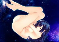 Rule 34 | 1girl, amami mikihiro, ass, barefoot, blue hair, blunt bangs, breasts, closed eyes, completely nude, copyright request, feet, full body, hairband, legs, legs up, long hair, medium breasts, novel illustration, nude, official art, solo, space, star (sky), textless version, toes, upside-down, white hairband