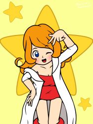 Rule 34 | 1girl, blue eyes, blush, boots, breasts, cleavage, coat, cowboy shot, dress, facing viewer, hand on own hip, happy, leaning forward, legs, long hair, looking at viewer, mona (warioware), nintendo, one eye closed, orange hair, red dress, red footwear, red skirt, short dress, skirt, smile, solo, standing, star (symbol), tagme, thigh gap, warioware, white coat, wink, yellow background