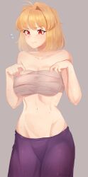 Rule 34 | 1girl, absurdres, antenna hair, arcueid brunestud, artist name, bare shoulders, blonde hair, blush, breasts, closed mouth, collarbone, commentary, english commentary, flying sweatdrops, frown, grey background, groin, hair intakes, hands up, highres, large breasts, mintshiiii, navel, purple skirt, red eyes, sarashi, short hair, simple background, skirt, solo, stomach, sweat, tsukihime, v-shaped eyebrows