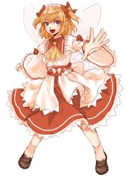 Rule 34 | 1girl, blonde hair, brown footwear, fang, frilled skirt, frills, full body, highres, korean commentary, kuya (hey36253625), loafers, long sleeves, open mouth, orange hair, orange skirt, outstretched arm, purple eyes, shirt, shoes, skirt, solo, sunny milk, touhou, two side up, white shirt, white sleeves