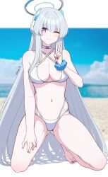 Rule 34 | 1girl, alternate costume, bare arms, bare legs, bare shoulders, barefoot, blue archive, commentary, grey hair, halo, highres, long hair, looking at viewer, noa (blue archive), purple eyes, reia 76, solo, symbol-only commentary, thighs, very long hair