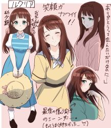 Rule 34 | 1girl, absurdres, arms behind back, black footwear, blue dress, blush, braid, brown hair, closed mouth, commentary request, dress, full body, green dress, green eyes, hair ribbon, hat, highres, holding, holding clothes, holding hat, looking at viewer, luculia marlborough, multiple views, pink sweater, ribbed sweater, ribbon, short sleeves, sidelocks, smile, standing, straw hat, sweater, translation request, unworn hat, unworn headwear, user gwpf7375, violet evergarden, violet evergarden (series), yellow dress