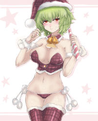 Rule 34 | 1girl, alternate costume, bare shoulders, bell, blush, breasts, candy, candy cane, choker, cleavage, female focus, food, green hair, hat, holding, holding candy, holding candy cane, holding food, kazami yuuka, large breasts, nail polish, navel, no pants, panties, panzer (p.z), plaid, plaid legwear, red eyes, santa hat, short hair, simple background, solo, thighhighs, touhou, underwear, wrist cuffs