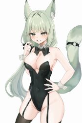 Rule 34 | 1girl, absurdres, alternate costume, animal ear fluff, animal ears, arknights, black leotard, bow, bowtie, breasts, cat ears, cat girl, cat tail, cleavage, detached collar, garter straps, green eyes, green hair, hand on own hip, harmonie (arknights), highleg, highres, kittysuit, large breasts, leotard, medium breasts, nishimiya aki, nontraditional playboy bunny, playboy bunny, solo, strapless, strapless leotard, tail, tail ornament, tail ring, traditional bowtie, white background, wrist cuffs