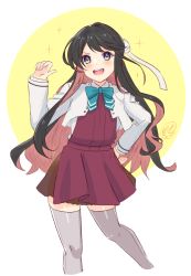 Rule 34 | 1girl, black hair, blazer, bow, bowtie, circle, fang, feet out of frame, grey thighhighs, hair down, hairband, halterneck, ittokyu, jacket, kantai collection, long hair, multicolored hair, naganami (kancolle), naganami kai ni (kancolle), pink hair, smile, solo, sparkle, standing, thighhighs, two-tone background, two-tone hair, wavy hair, white hairband, yellow eyes