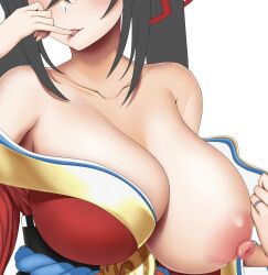 Rule 34 | 1girl, abukobato, azur lane, black hair, breasts, highres, huge breasts, huge nipples, japanese clothes, jewelry, kimono, licking, licking finger, long hair, nipples, one breast out, red kimono, ring, simple background, solo, taihou (azur lane), tongue, tongue out, unfinished, upper body, very long hair, wedding ring, white background