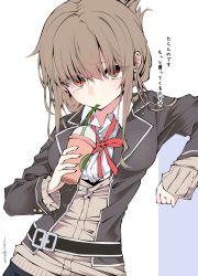 Rule 34 | 1girl, alternate breast size, alternate costume, black jacket, breasts, brown hair, commentary request, cup, disposable cup, drinking straw, drinking straw in mouth, folded ponytail, hair over eyes, highres, holding, holding cup, inazuma (kancolle), jacket, kantai collection, large breasts, long sleeves, neck ribbon, orange eyes, ponytail, red ribbon, ribbon, sakakiba misogi, shirt, sidelocks, signature, simple background, solo, translation request, white background, white shirt