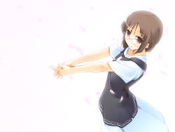 Rule 34 | 1girl, blue dress, brown eyes, brown hair, cherry blossoms, dress, from side, glasses, interlocked fingers, jirou (chekoro), original, outstretched arms, own hands clasped, own hands together, petals, short hair, short sleeves, smile, solo, vest