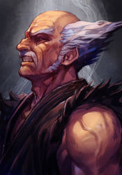 Rule 34 | 1boy, bald, clenched teeth, dougi, facial hair, from side, grey background, hungry clicker, mishima heihachi, muscular, muscular male, mustache, namco, old, old man, aged up, short hair, solo, teeth, tekken, traditional media, white hair