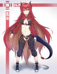 Rule 34 | 1girl, absurdres, antenna hair, belt, belt pouch, bikini, black bikini, black footwear, black pants, blue eyes, breasts, brown hair, cleavage, colored inner hair, crotch cutout, dragon horns, dragon tail, full body, gluteal fold, grin, hair between eyes, heterochromia, highres, horns, large breasts, leg belt, long hair, long sleeves, looking at viewer, midriff, multicolored hair, navel, original, pants, ponta (velmar), pouch, puffy sleeves, purple eyes, red hair, revealing clothes, shoes, shrug (clothing), smile, solo, standing, stomach, swimsuit, tail, thick eyebrows, thigh strap, two-tone hair, very long hair, white background