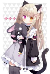 Rule 34 | 1girl, animal ear fluff, animal ears, black jacket, black thighhighs, blush, brown eyes, brown hair, cat ears, cat girl, cat tail, closed mouth, commentary request, dress, frilled dress, frills, grey dress, hair ornament, heart, heart hair ornament, heterochromia, highres, jacket, long hair, long sleeves, looking at viewer, nakkar, hugging object, original, puffy long sleeves, puffy sleeves, purple eyes, ringlets, signature, sleeves past wrists, solo, stuffed animal, stuffed rabbit, stuffed toy, tail, thighhighs, two side up, very long hair