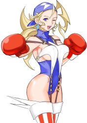 Rule 34 | 1girl, :d, bandana, bare shoulders, blonde hair, blue eyes, blue leotard, boxing gloves, breasts, commentary request, covered navel, earrings, highleg, highleg leotard, highres, jewelry, justice gakuen, large breasts, legs together, leotard, long hair, o-ring, one eye closed, open mouth, simple background, smile, solo, standing, star (symbol), star earrings, suspenders, tetsu (kimuchi), thighhighs, tiffany lords, underboob, white background