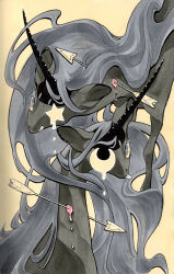 Rule 34 | 2others, arrow (projectile), arrow through neck, black horns, blood, crescent moon, fleebites, grey eyes, grey fur, grey hair, highres, horns, long hair, looking at viewer, moon, multiple others, no humans, original, pink blood, simple background, single horn, spot color, star (symbol), unicorn, yellow background