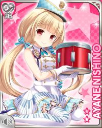 Rule 34 | 1girl, blonde hair, blue ribbon, card, character name, closed mouth, dress, drum, girlfriend (kari), hat, holding, instrument, kneeling, marching band, nishino ayane, official art, pink background, qp:flapper, red eyes, ribbon, smile, solo, tagme, twintails, white dress, white legwear