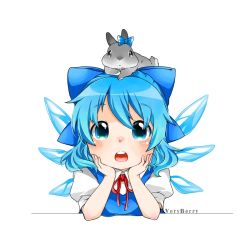 Rule 34 | 1girl, :o, animal, animal on head, berry jou, blue bow, blue dress, blue eyes, blush, bow, cirno, collared shirt, colored eyelashes, dress, eyebrows, fairy, fairy wings, grey eyes, grey fur, hair bow, hands on own cheeks, hands on own face, ice, ice wings, looking at viewer, nose blush, on head, open mouth, puffy short sleeves, puffy sleeves, rabbit, red ribbon, ribbon, shirt, short sleeves, simple background, solo, tareme, touhou, upper body, white background, white shirt, wings