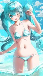 Rule 34 | 1girl, aqua bikini, aqua eyes, aqua hair, bikini, blue sky, breasts, cloud, commentary, day, gluteal fold, hair ornament, hatsune miku, highres, leaning to the side, long hair, looking at viewer, one eye closed, open mouth, outdoors, revision, round teeth, shirubaa, sky, small breasts, smile, solo, striped bikini, striped clothes, swimsuit, teeth, twintails, upper teeth only, very long hair, vocaloid, water