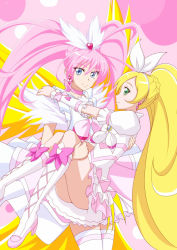 Rule 34 | 10s, 2girls, blonde hair, blue eyes, boots, carrying, couple, crescendo cure melody, cure melody, cure melody (crescendo), cure rhythm, eyelashes, green eyes, hand on shoulder, houjou hibiki, jabara tornado, knee boots, minamino kanade, multiple girls, pink background, pink hair, ponytail, precure, princess carry, smile, suite precure, twintails, wings, yuri