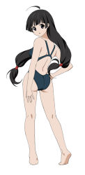 Rule 34 | 1girl, ass, barefoot, black eyes, black hair, competition swimsuit, feet, from behind, fukuoka katsumi, full body, kohaku hearts, long hair, looking back, low-tied long hair, one-piece swimsuit, simple background, solo, swimsuit, tales of (series), tales of hearts, twintails, white background