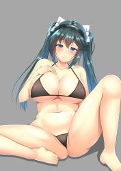 Rule 34 | 10s, 1girl, alternate costume, bad id, bad twitter id, bare arms, bare legs, bare shoulders, barefoot, bikini, black bikini, blue eyes, blush, bow, breasts, cleavage, closed mouth, collarbone, green hair, hair between eyes, hair bow, hairband, headgear, isuzu (kancolle), kantai collection, kisaragi nana, large breasts, long hair, looking at viewer, navel, sitting, smile, solo, spread legs, stomach, swimsuit, twintails, underboob, white bow