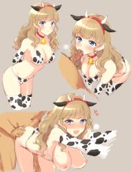 Rule 34 | 1boy, 1girl, animal ears, animal print, armpit crease, arms behind back, bell, bikini, bikini bottom aside, blue eyes, blunt bangs, blur censor, blush, bouncing breasts, breasts, breasts out, censored, chinese zodiac, cleavage, closed mouth, clothing aside, collar, cow ears, cow horns, cow print, cowboy shot, cropped legs, cropped torso, fake animal ears, fake horns, fellatio, from above, from side, hair over shoulder, hairband, heart, hetero, highres, horns, large breasts, leaning forward, light brown hair, looking at viewer, looking back, looking up, lower body, mewkledreamy, motion lines, multiple views, neck bell, nipples, nose blush, open mouth, oral, outstretched arms, penis, red collar, red hairband, sbs, sex, sex from behind, simple background, smile, solo focus, spoken heart, standing, standing sex, star (symbol), star in eye, swimsuit, symbol in eye, thighhighs, tsukishima maira, year of the ox