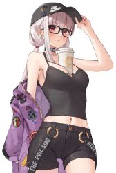 Rule 34 | 1girl, absurdres, bare shoulders, baseball cap, between breasts, black camisole, black hat, black shorts, blush, breasts, camisole, choker, cleavage, coffee cup, collarbone, cup, disposable cup, fate/grand order, fate (series), glasses, hair ribbon, hat, heroic spirit tour outfit, highres, hood, hooded jacket, jacket, kama (fate), kama (tour outfit) (fate), kopaka (karda nui), large breasts, long hair, long sleeves, looking at viewer, low twintails, midriff, navel, off shoulder, purple jacket, red eyes, ribbon, short shorts, shorts, silver hair, solo, thighs, twintails